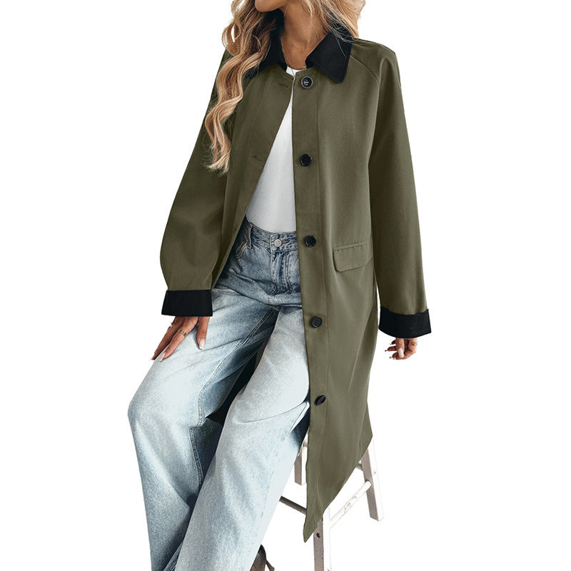 Damen Übergangsjacke Lang mit dekorativem Kragen und Taschen