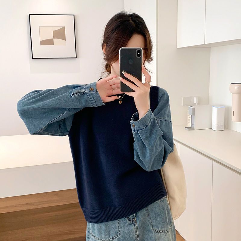 Damen Strickpullover Denim Ärmel Eveloria