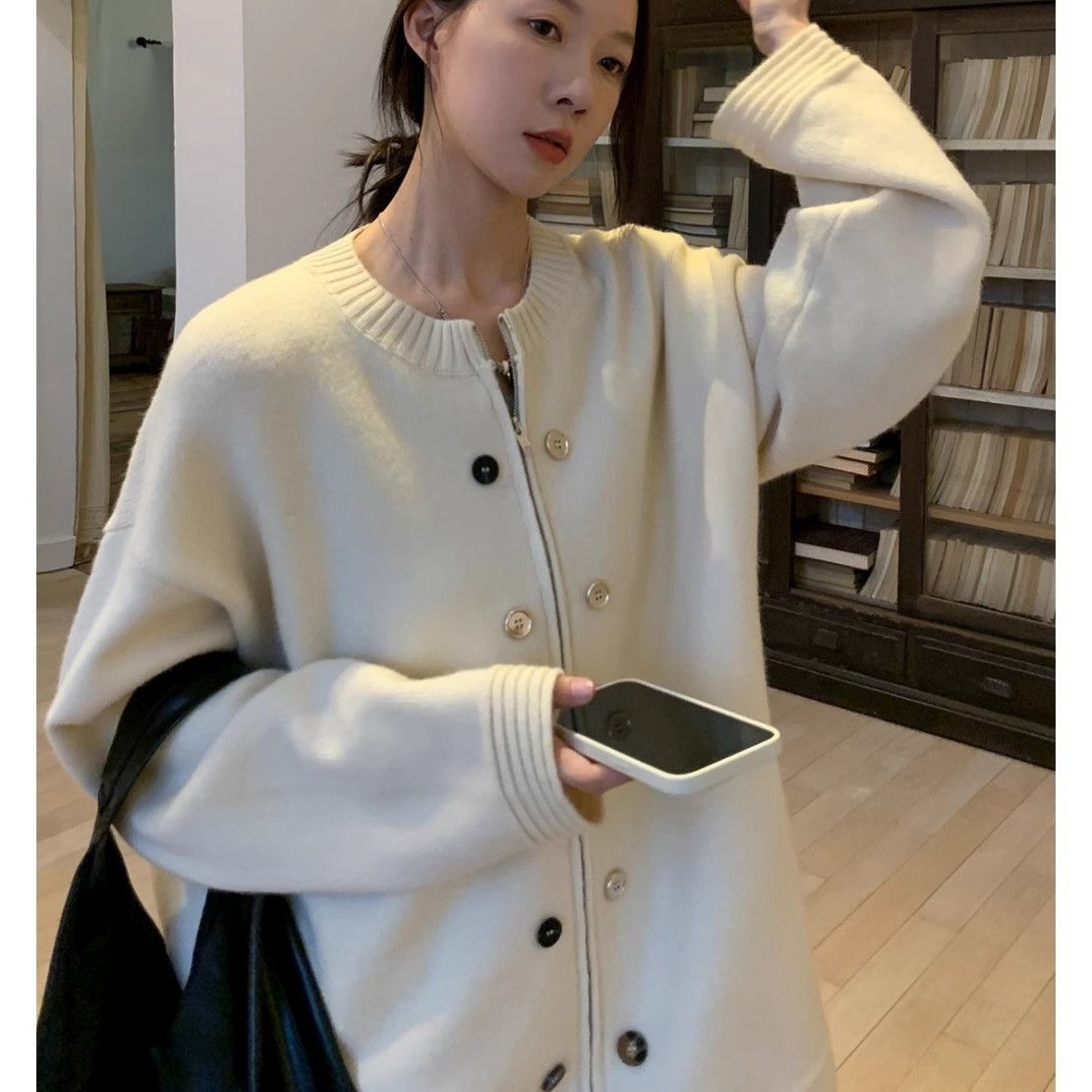 Damen Strickjacke Oversized mit Knöpfen Lässig Beige