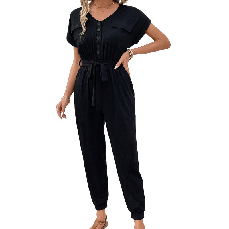 Damen Jumpsuit mit Taschen und verstellbarem Gürtel Eveloria