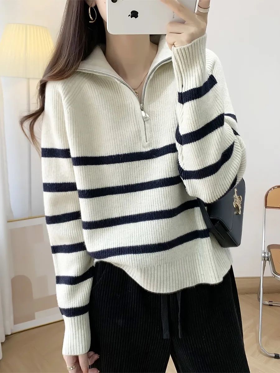 Damen Strickpullover Halbzipper Eveloria