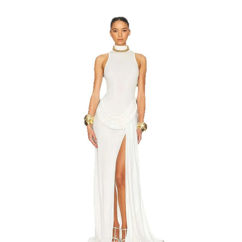 Damen Abendkleid Lang Wasserfallausschnitt Schlitz Eveloria