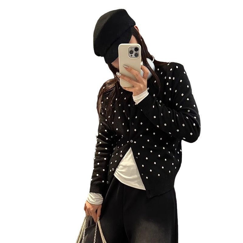 Damen Cardigan Modern Punkte Feine Knöpfe Beige