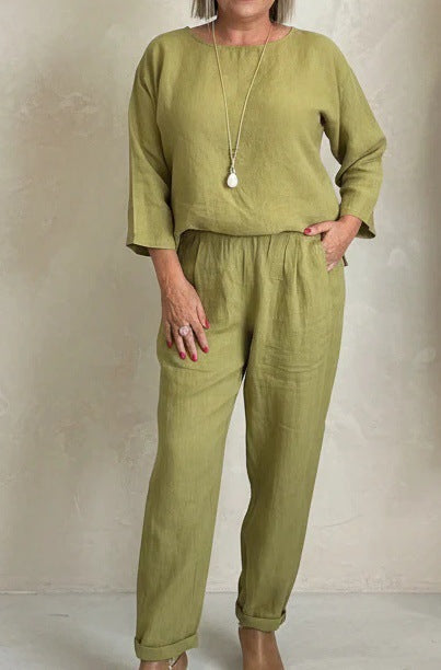 Damen Leinen-Set Weites Oberteil Bequeme Hosen Beige