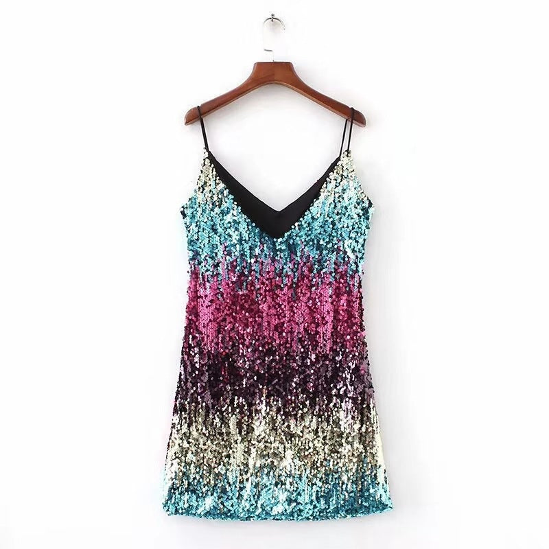 Damen Minikleid Glitzernd Spaghettiträger Raffinierter Schnitt