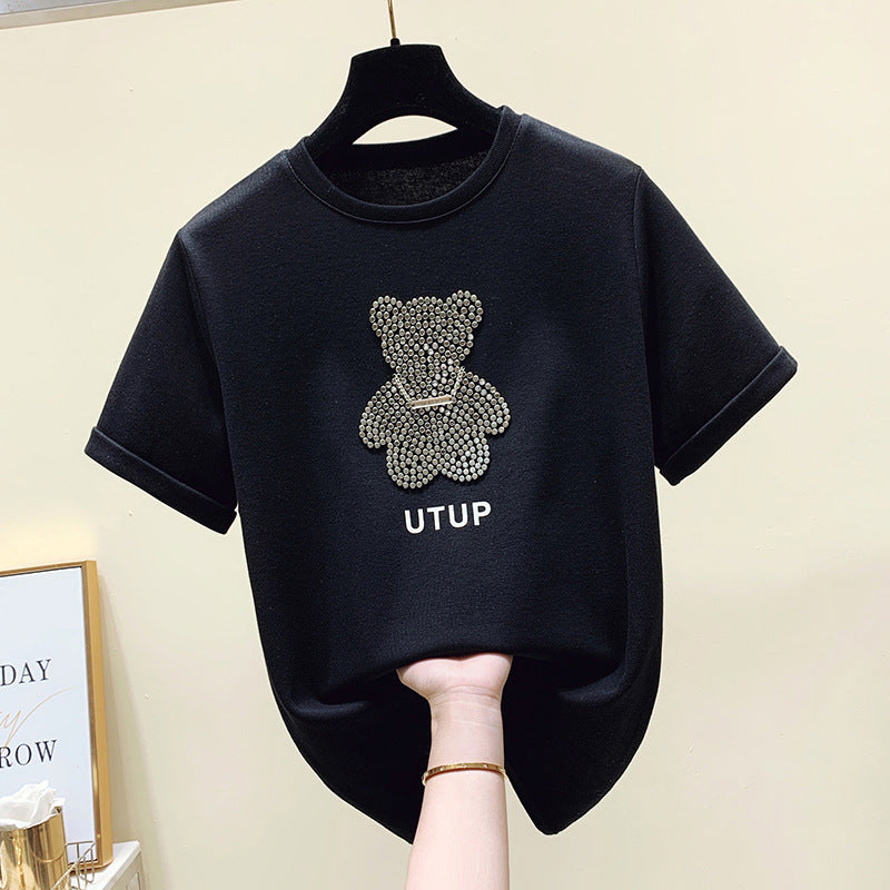 Damen T-Shirt mit Glitzerbärenmotiv Lässiger Schnitt