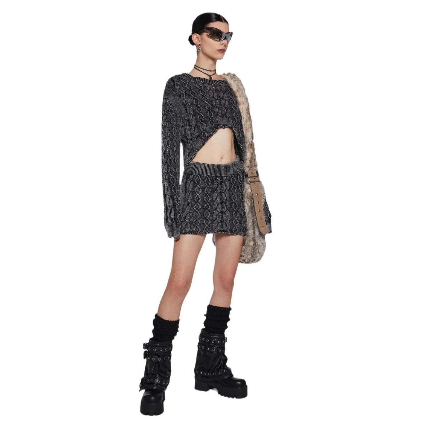 Damen Grobgestricktes Crop- Minirock-Set