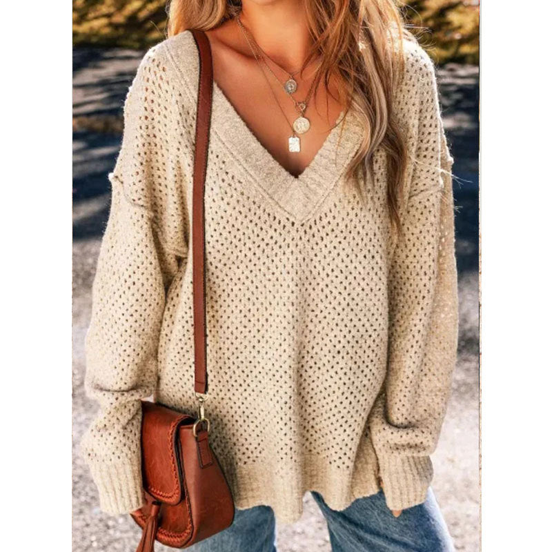 Damen Strickpullover Luftig Lochmuster Eveloria
