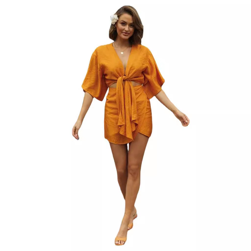 Damen Kleid Kurzarm Raffiniertes Knoten-Design Fließend Blumenmuster