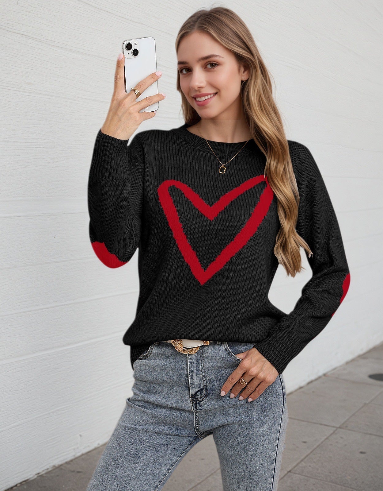 Damen Strickpullover Herzmotiv Lässiger Schnitt