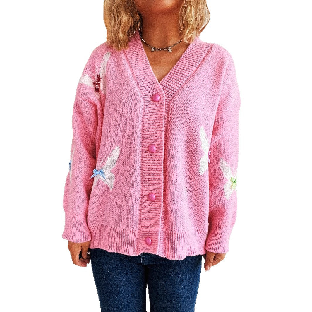 Damen Strickjacke Bunt Schmetterlingsmuster Knopfleiste