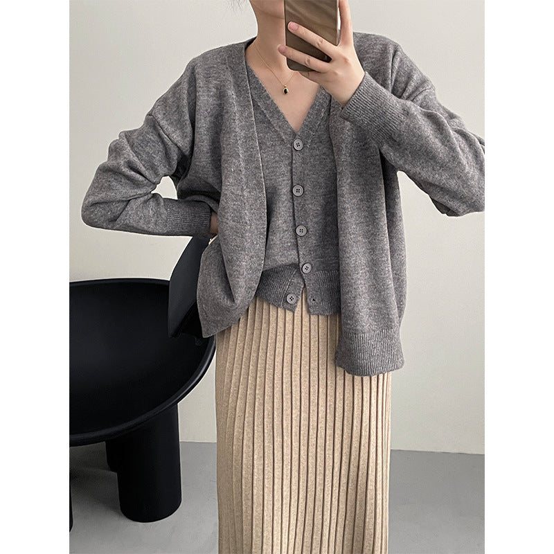 Damen Cardigan Gestrickt V-Ausschnitt Beige