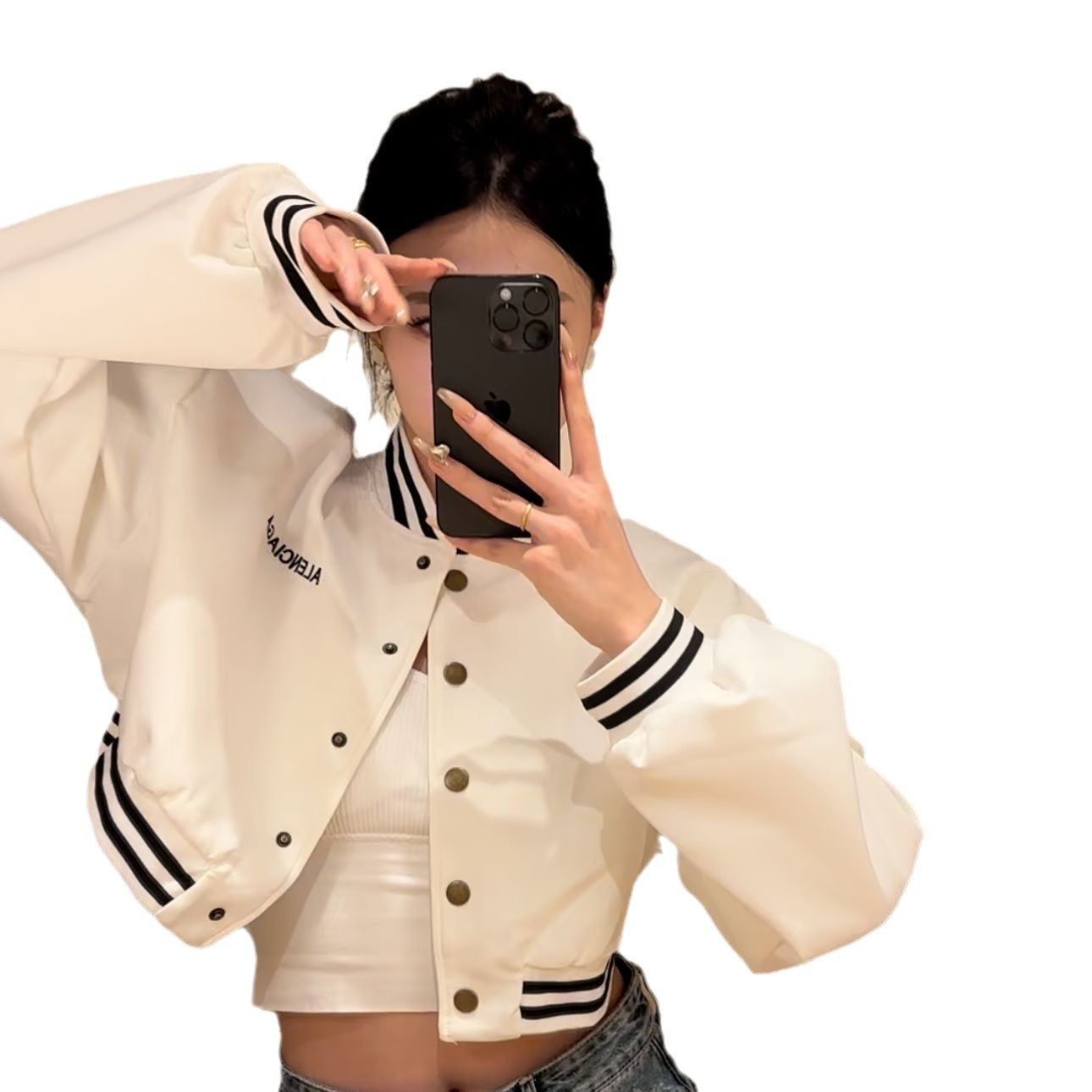 Damen Cropped Bomberjacke Kontraststreifen Druckknöpfe