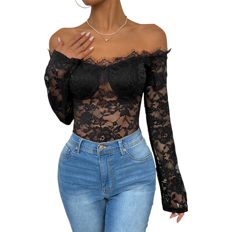 Damen Spitzenbody Off-Shoulder-Ausschnitt Langer Ärmel
