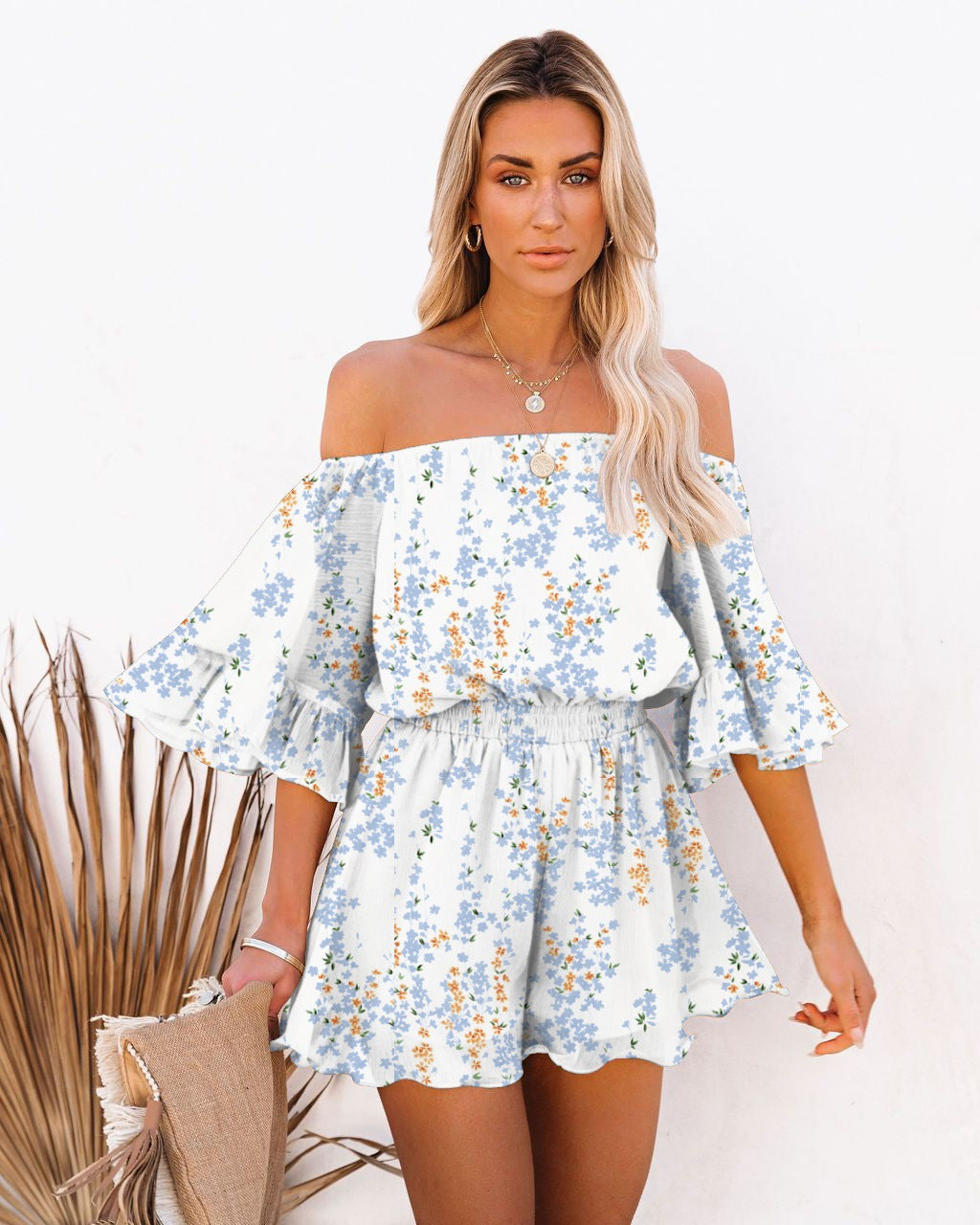 Damen Kurzoverall Off-Shoulder Voluminöse Ärmel Eveloria