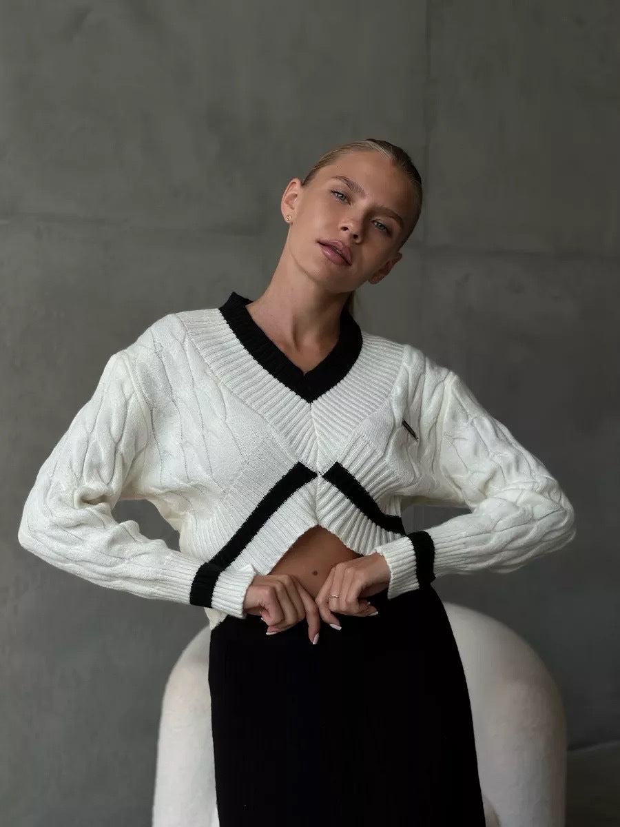 Damen Cropped Strickpullover V-Ausschnitt Kontrastdetails