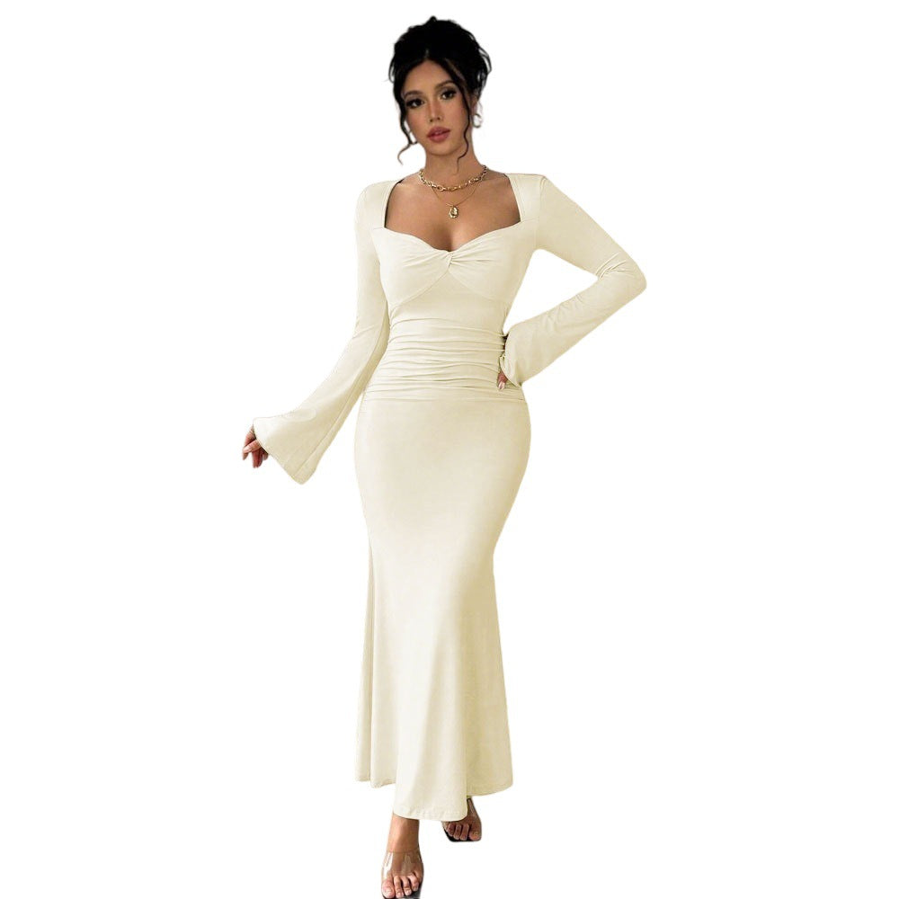 Damen Maxikleid Langärmlig V-Ausschnitt Raffung Eveloria