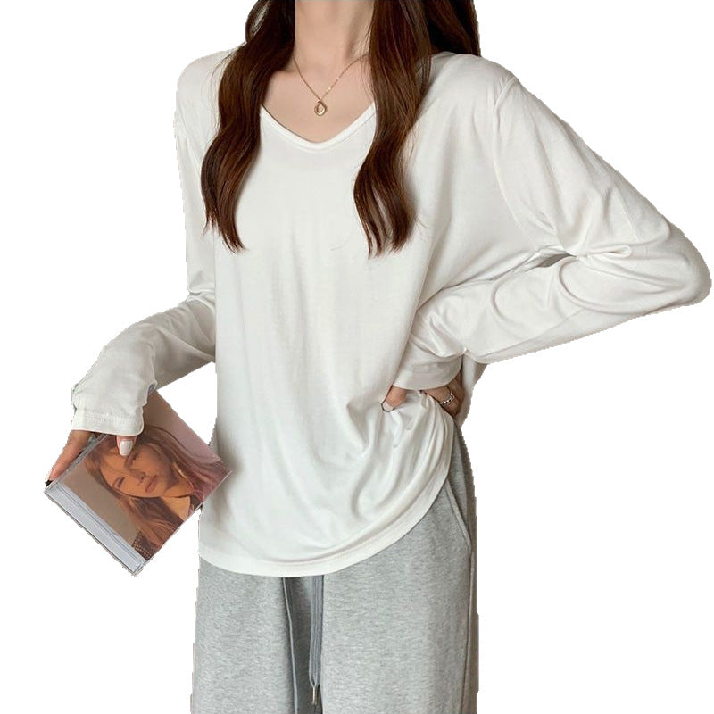 Damen Langarmshirt V-Ausschnitt Baumwolle Komfortschnitt
