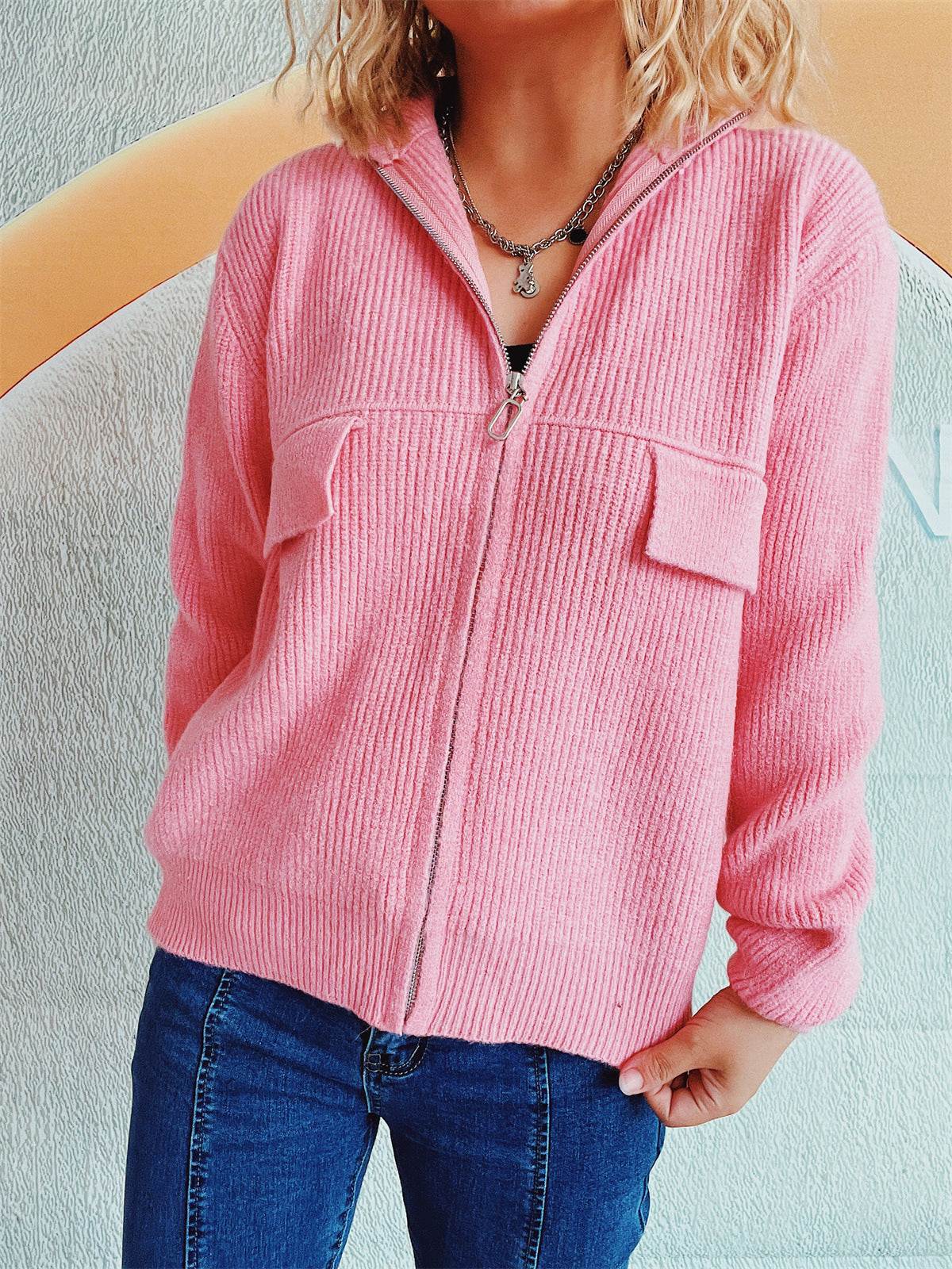Damen Strickjacke Hochkragen Mit Taschen Anthrazit