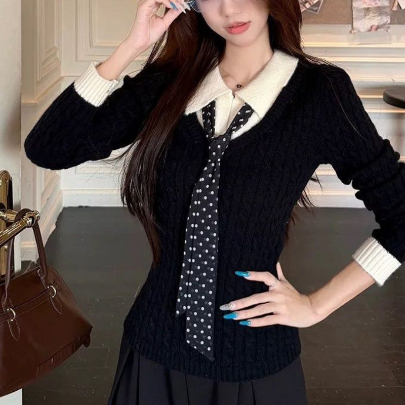 Damen Strickpullover mit Hemdkragen und Krawatte Eveloria