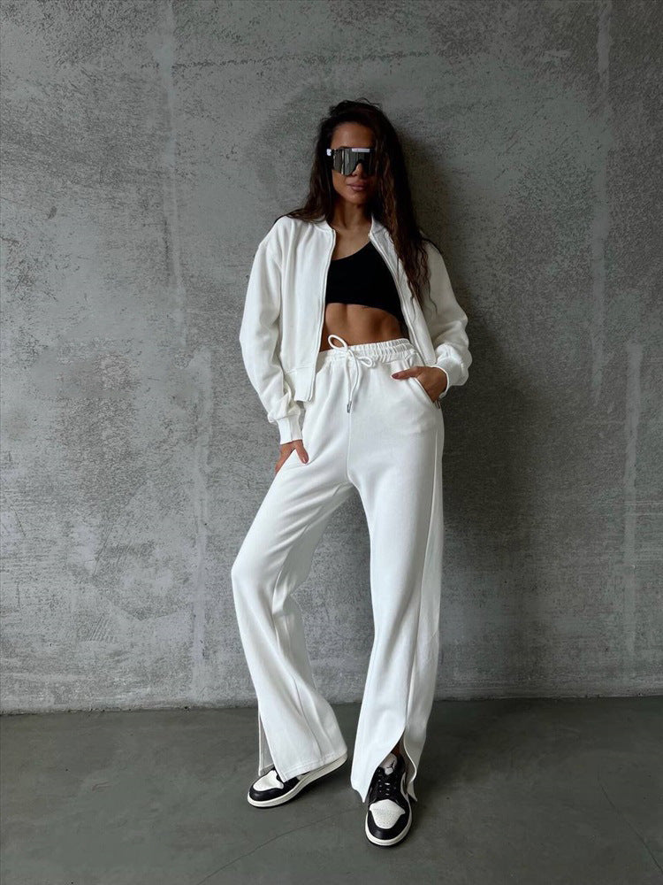 Damen Fleece-Jogginganzug Höher Kragen Eingrifftaschen Grau Eveloria