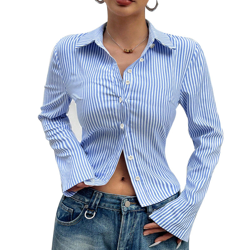 Damen Langarmbluse Schmalstreifen Manschetten Bluse Eveloria
