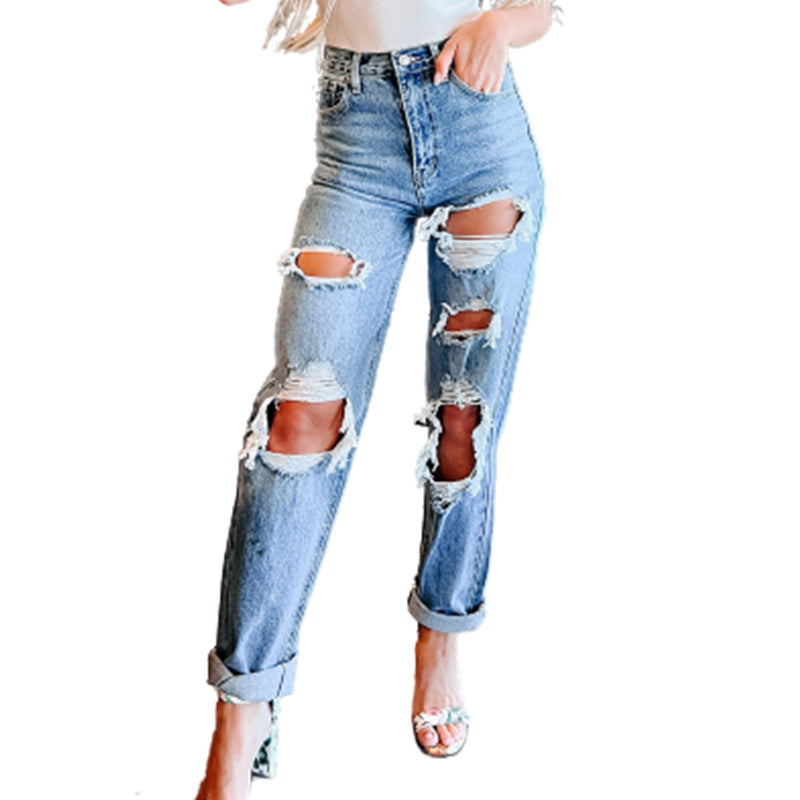 Damen Hochgeschnittene Destroyed Boyfriend Jeans Eveloria