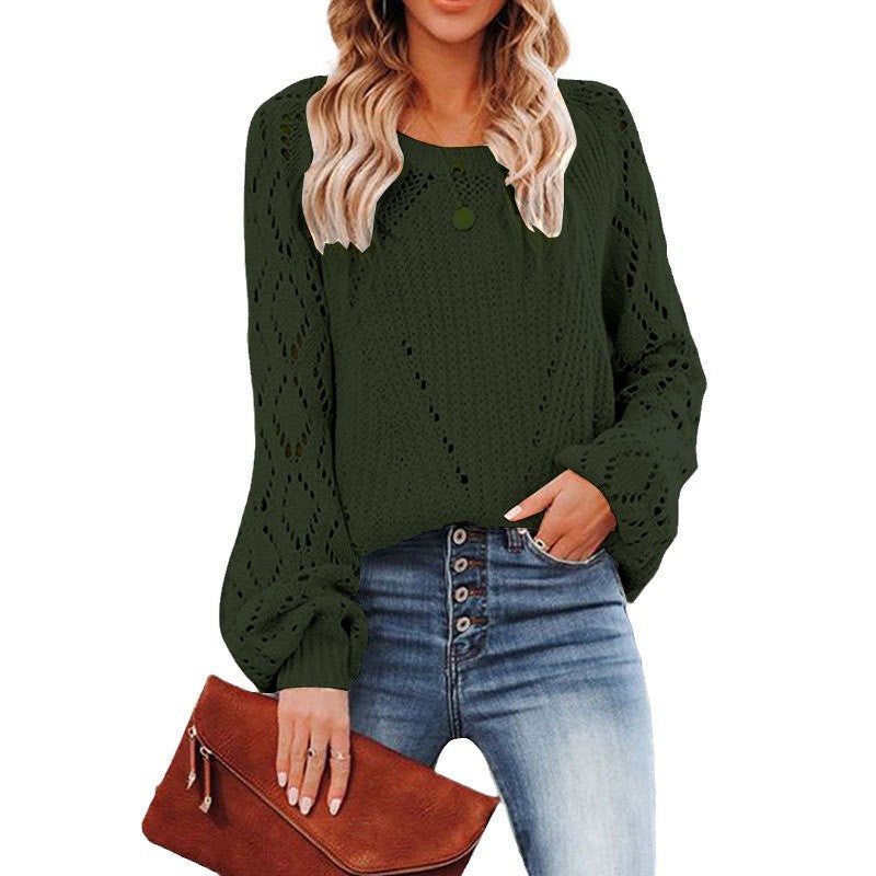 Damen Strickpullover Voluminöse Ärmel Lochmuster Eveloria