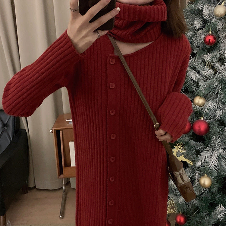 Damen Strickkleid Weiter Rollkragen Durchgehende Knopfleiste