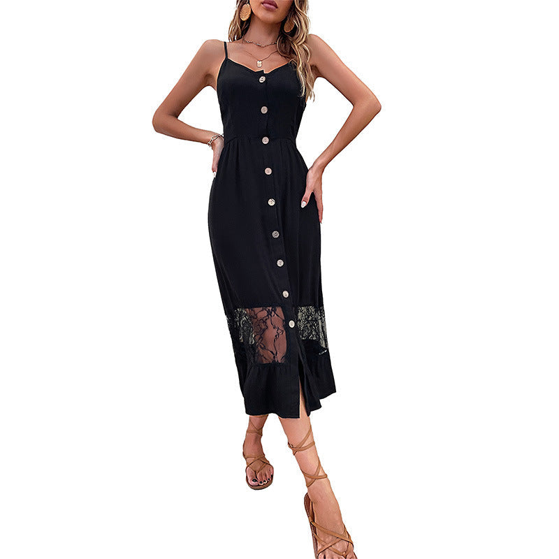 Damen Maxikleid V-Ausschnitt Knopfleiste Spitzenakzente Eveloria
