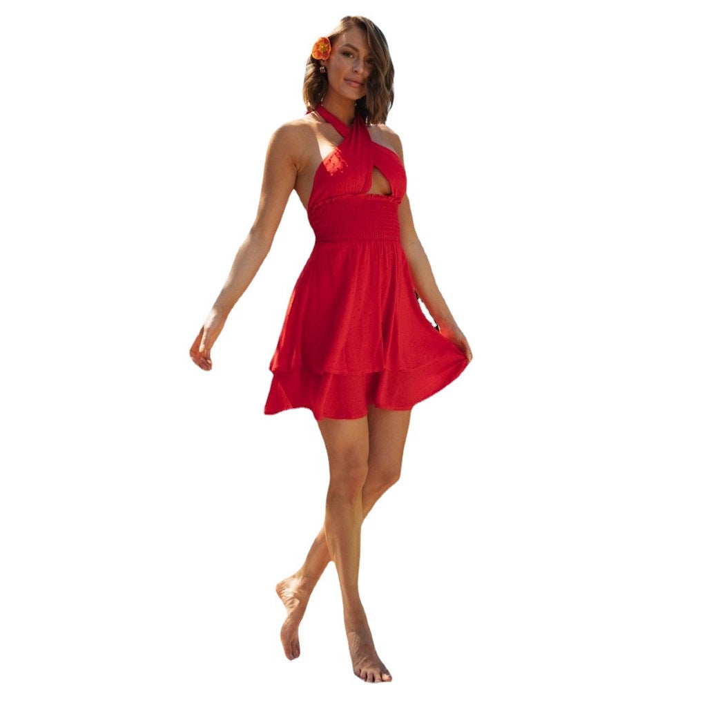 Damen Minikleid Sommer Raffiniertes Halterneck Elastisch