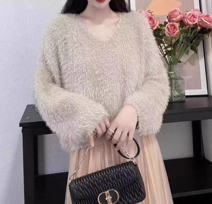 Damen Pullover V-Ausschnitt Flausch langarm Glitzer Eveloria