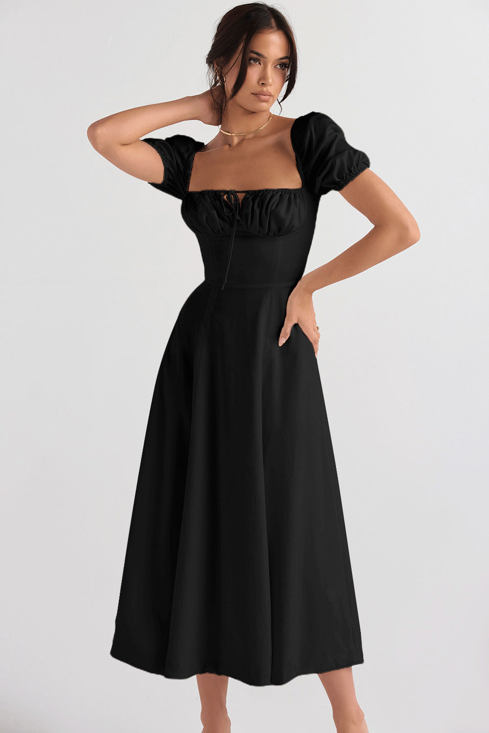 Eveloria Damen Midikleid Puffärmel Raffinierter Ausschnitt