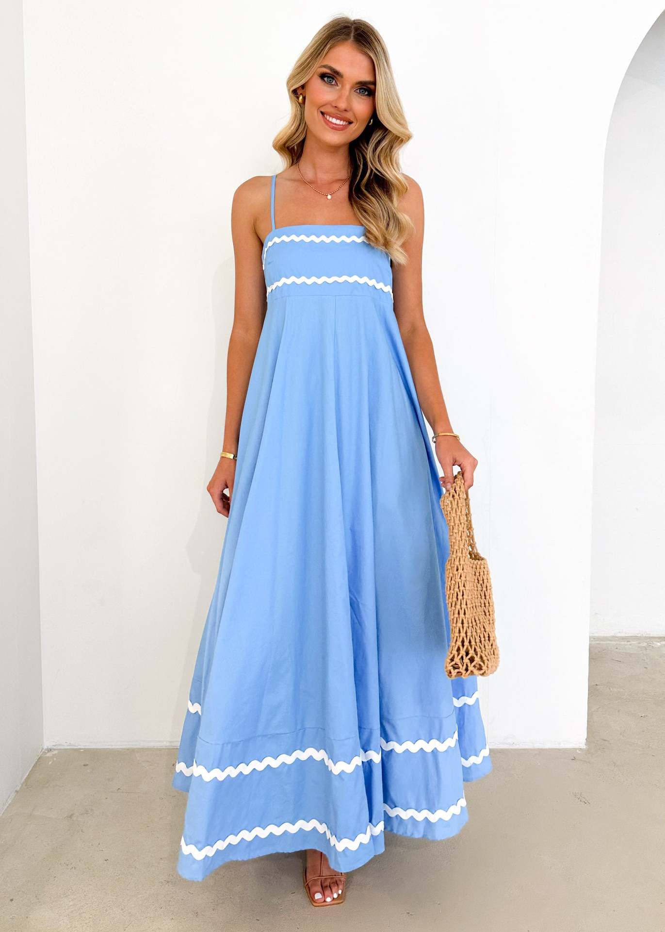 Damen Maxikleid A-Linie Sommer Raffinierte Zierborten Eveloria