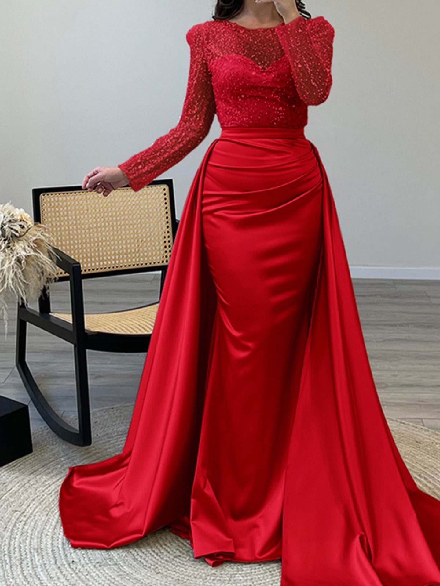 Damen Abendkleid Paillettenoberteil Satinrock Eveloria