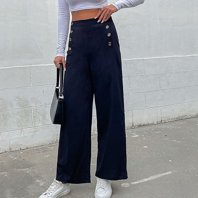 Damen Palazzo-Hose Weite Passform Dekorative Knöpfe