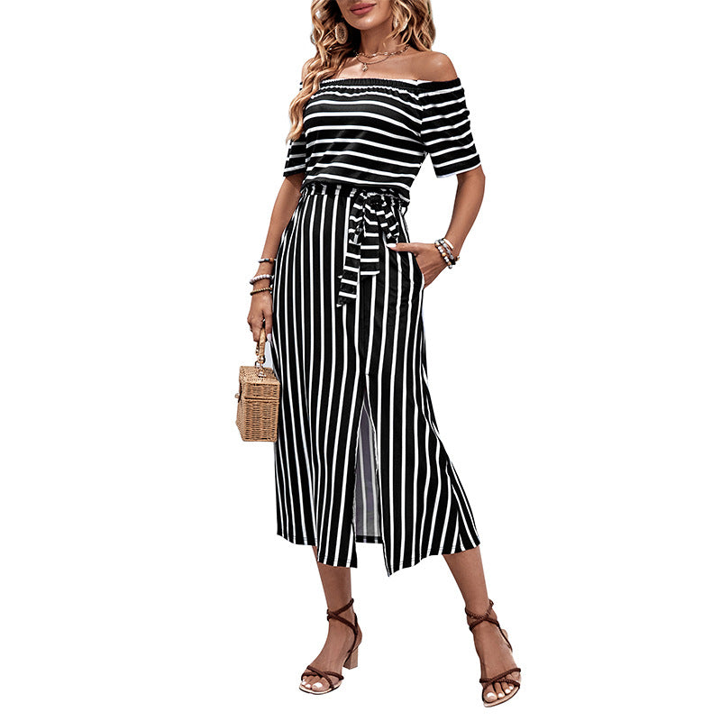 Damen Off-Shoulder Maxikleid Gestreift Eveloria