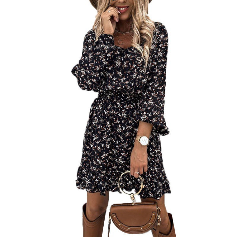 Damen Blumenkleid Voluminöse Ärmel Schwingender Saum Eveloria