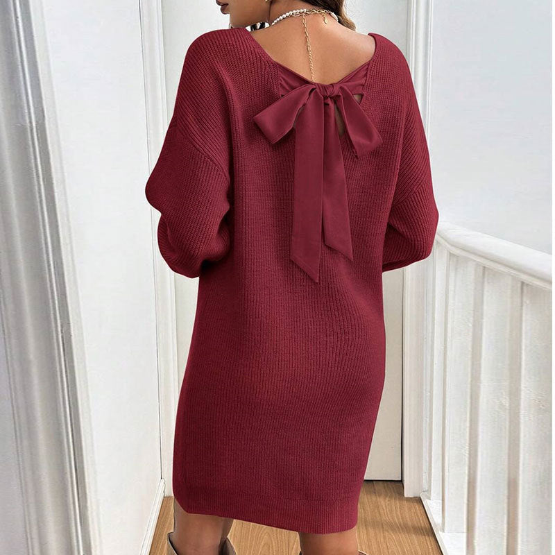 Damen Strickkleid Rückenausschnitt Schleife Eveloria