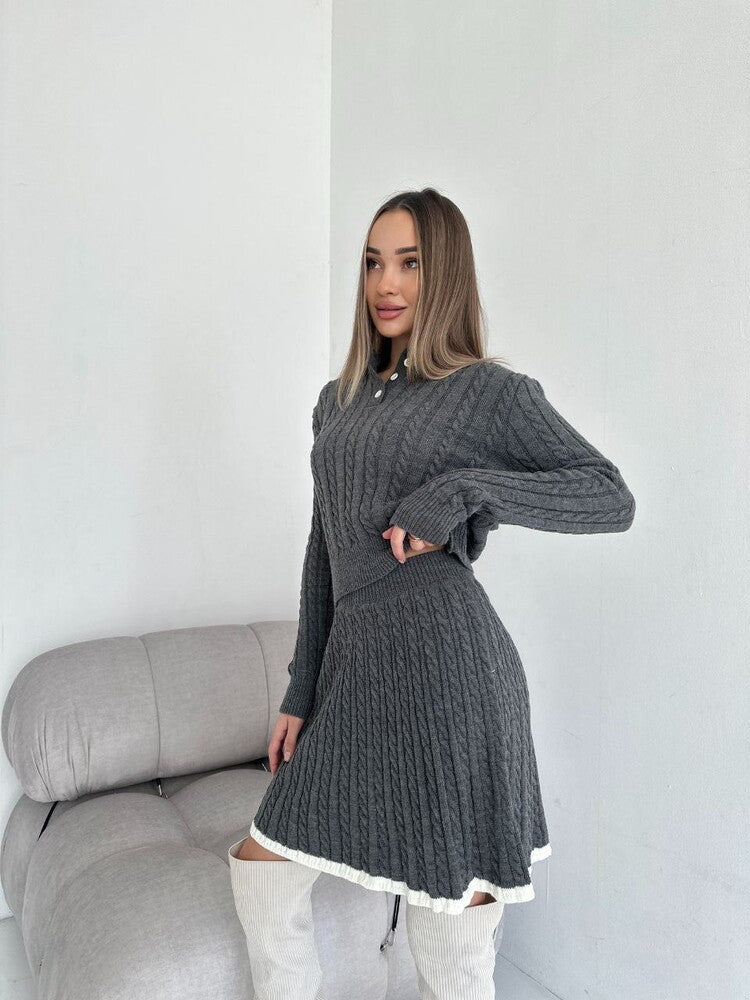 Damen Strickkleid mit Kragen Rippstruktur Eveloria