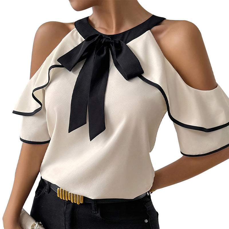 Damen Oberteil Rüschendetails Schleifen-Ausschnitt Elegantes Design