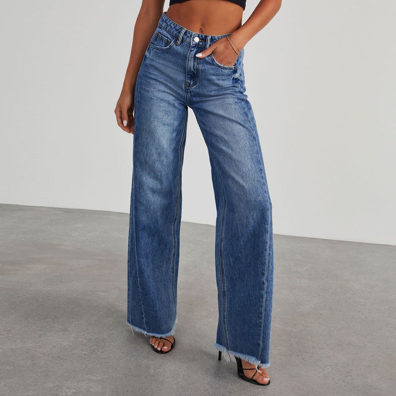 Damen Weite Denim-Jeans Franser Saum Blau