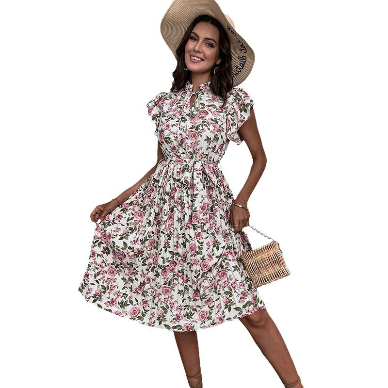 Damen Kleid Florales Muster Rüschenbesatz Eveloria