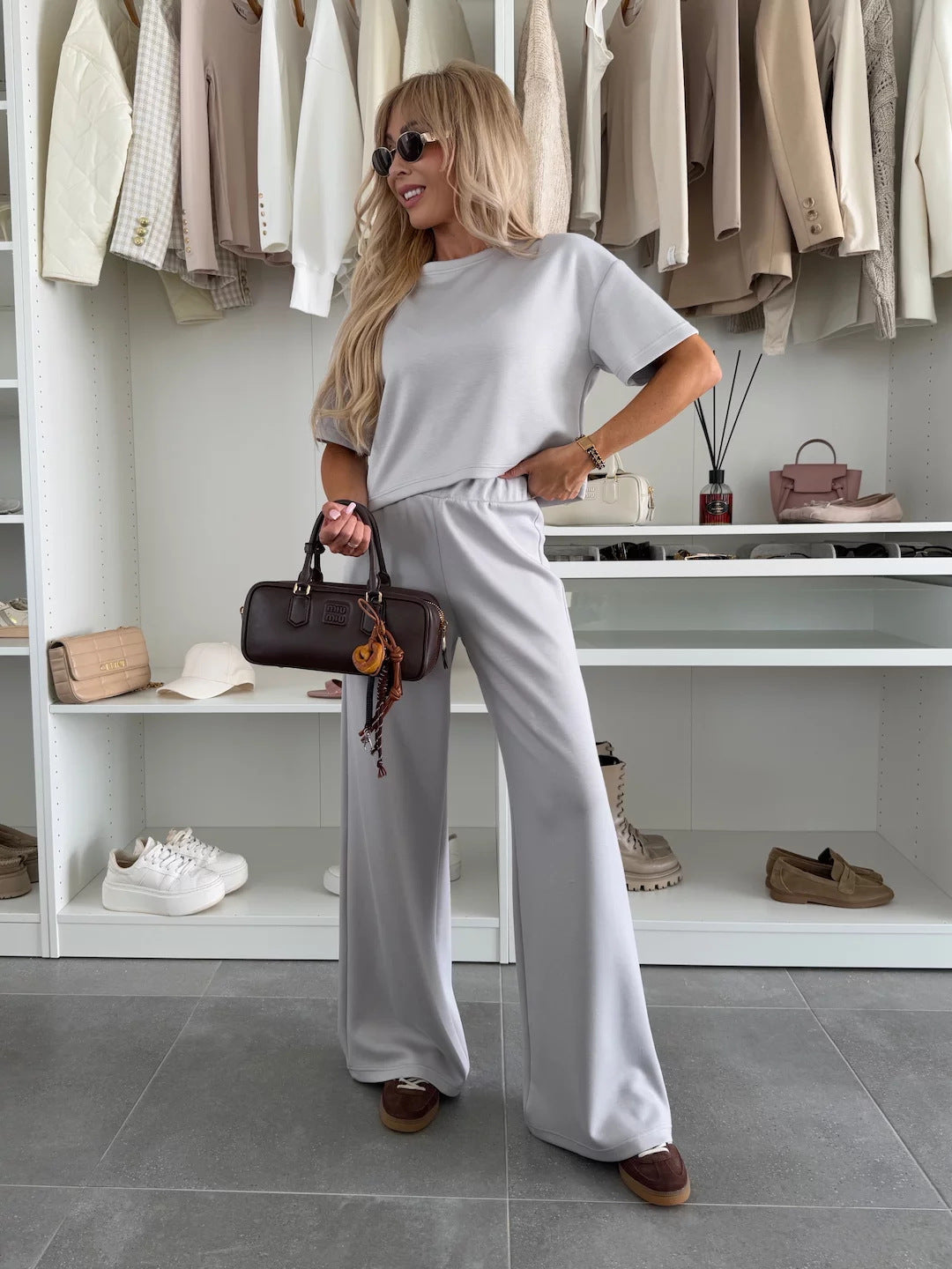 Damen Cropped Oberteil Set mit weiter Hose Eveloria