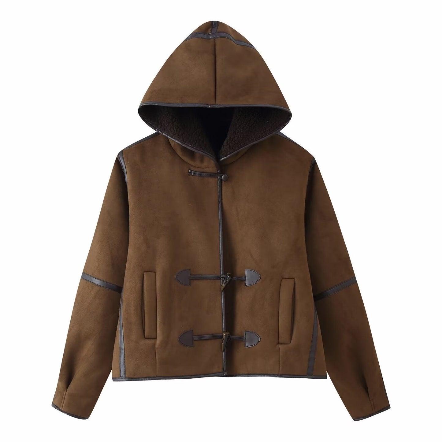 Damen Kunstlederjacke Kapuze Warmfutter Eveloria