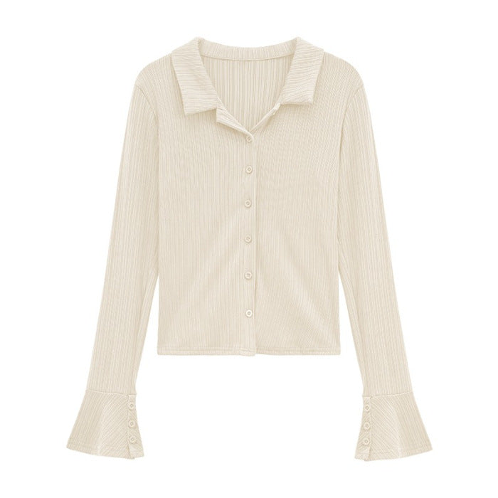 Damen Langarmshirt Volantärmel Modisch Blümchenweiß