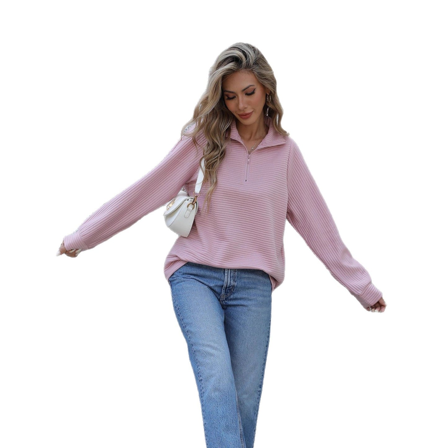 Damen Pullover Reißverschluss Rippstruktur Grau Eveloria