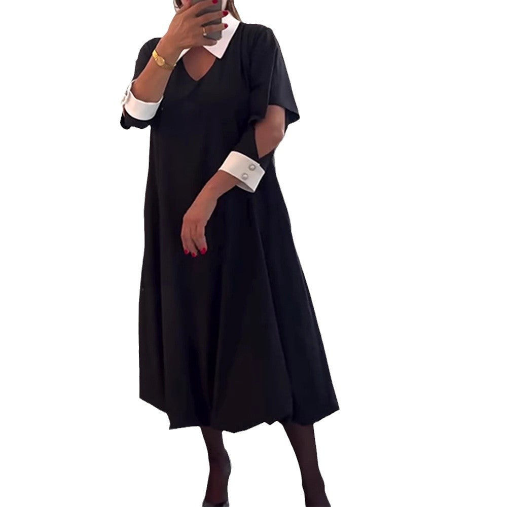 Damen Oversized Hemdkleid V-Ausschnitt Eleganter Kragen Weiss