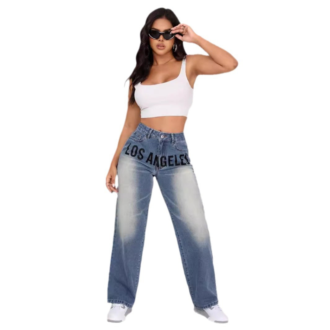 Damen Weite Jeans Mit Schriftzug Eveloria
