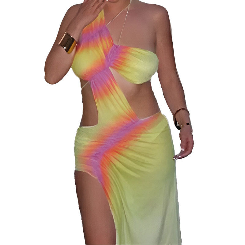 Damen Strandkleid Asymmetrisch Batik-Design Farbenfroh